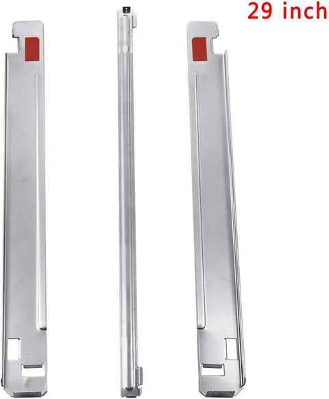 Ultra Compact 29 Inch Laundry Stacking Kit For Front Load Washers And Dryers In Chrome Steel Sturdy Space Saver Fits Most 29 Inch Units Easy Secure Stack 3 Pack Replacement Parts For Tiny Laundry Rooms, shown as three metallic brackets with red accents.