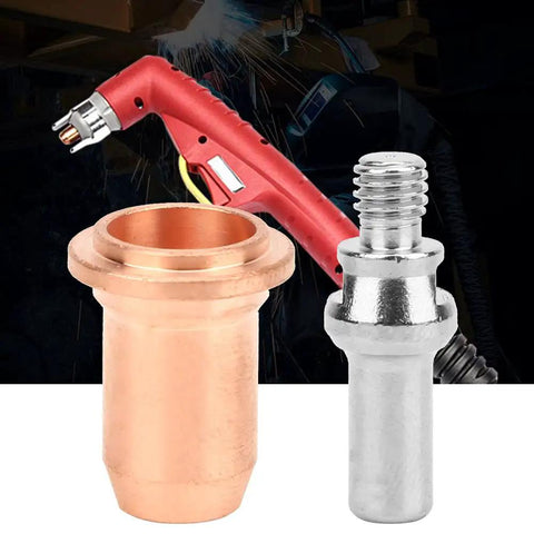 Pro Plasma Torch Consumables Kit Featuring 10 Red Copper Electrodes And 10 Tip Nozzles For Professional Cutter Maintenance, showing copper nozzle and electrode.