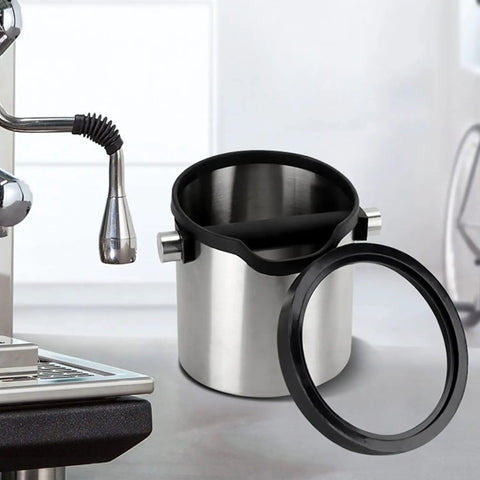 Heavy Duty Stainless Steel Coffee Knock Box And Espresso Grounds Container With Shock Absorbing Rod, showing an opened container with a lid.