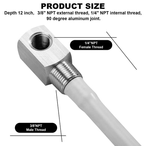 Boat Fuel Tank Pickup Tube 12 Inch Depth Universal Fit, Adjustable Length Rigid Polyethylene With Strainer, Marine Gas Tank Supply Line for Ethanol E10 E85, Built Tough, Durable, And Easy To Install - showing 90-degree aluminum joint and thread sizes
