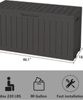 Front view of a black durable resin wood look outdoor storage box with lockable lid, weatherproof 85 gallon deck box for patio backyard and garden.
