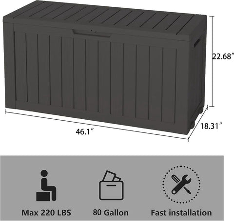 Front view of a black durable resin wood look outdoor storage box with lockable lid, weatherproof 85 gallon deck box for patio backyard and garden.