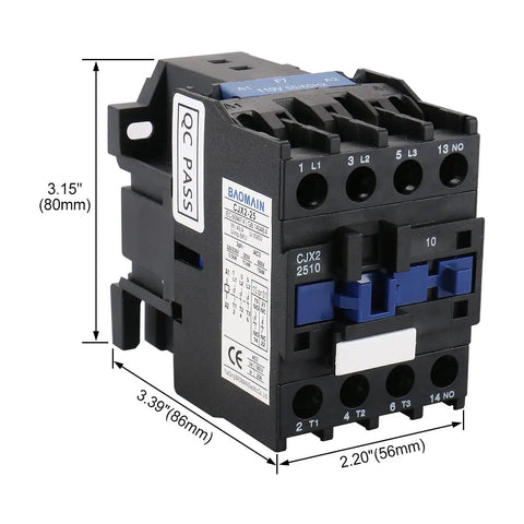 Three-Pole AC Contactor CJX2-2510 With 110VAC Coil, 3NO And 1NO Auxiliary, 660V Three-Phase, DIN Rail Mount, side view with dimensions