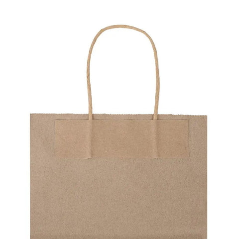 Bulk 100 Pack 8x4.75x10 Inch Kraft Paper Bags With Handles Natural Brown Gift Bags For Shopping, showing handle detail
