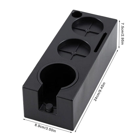Top Notch Espresso Tamper Base With Distribution Tool For 51mm 53mm And 58mm Portafilters, black ABS material, adjustable height.
