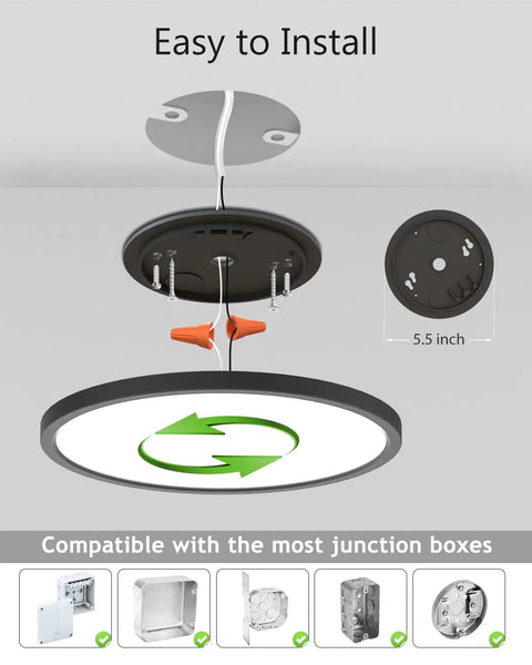 Diagram showing installation of 2 Pack LED Flush Mount Ceiling Light 9 Inch 5000K Daylight White 24W Slim Round Flat Black Fixture