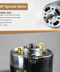 Close-up of DC Spindle Motor For Mini CNC Router 997, 400W, 12-48V DC, with 0.99 N.m Torque and double ball bearing design.