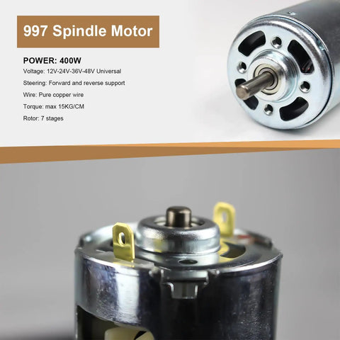 Close-up of DC Spindle Motor For Mini CNC Router 997, 400W, 12-48V DC, with 0.99 N.m Torque and double ball bearing design.