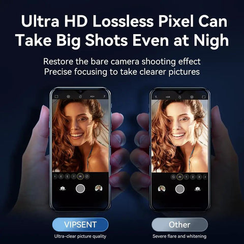 Comparison of photo quality with 3 Pack Camera Lens Protector For iPhone 15 And 14 6.1 Inch, Plus 6.7 Inch, showing clear vs blurry results