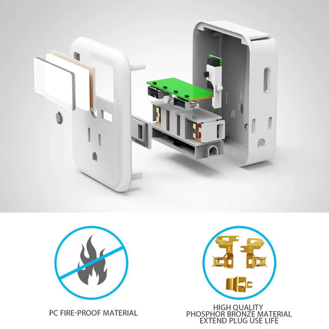 2 Pack Outlet Shelf Extender With Built In Shelf And Adjustable Night Light 3 Outlets 2 USB Ports Wall mounted internal view