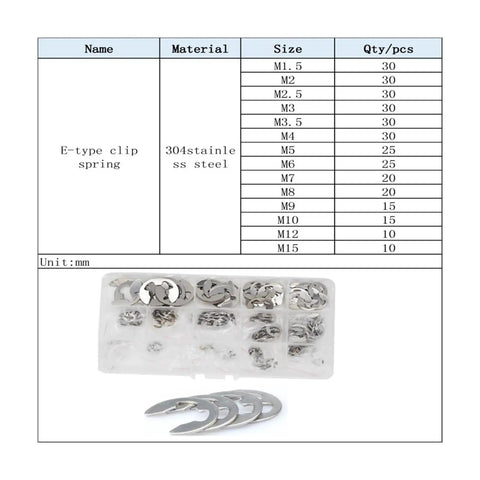 304 Stainless Steel E Clip Washer Assortment Kit With Circlip Retaining Rings For Shaft Fasteners M1.5 To M15, 320 Pieces