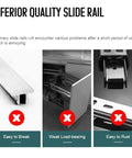 Close-up of different types of inferior slide rails with warnings about breakage, weak load-bearing, and rust issues.