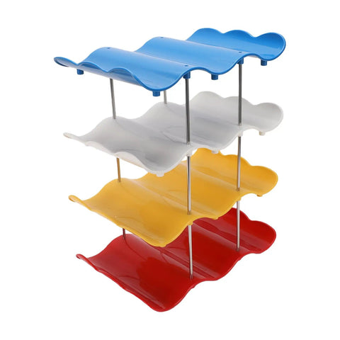 Colorful plastic Go-To Four-Tier Stackable Cup Organizer With Wave Shape Bottle Rack for versatile kitchen and RV use.