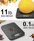 Smart Food Scale With Nutritional Calculator weighing cantaloupe and coffee beans, showing 11lb max and 0.1oz min weight capacity.