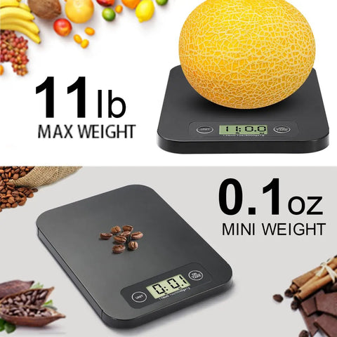 Smart Food Scale With Nutritional Calculator weighing cantaloupe and coffee beans, showing 11lb max and 0.1oz min weight capacity.