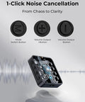 Wireless Lavalier Microphone for iPhone with 40dB Noise Cancellation, showing mode and volume buttons with audio chip
