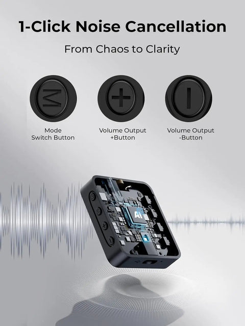 Wireless Lavalier Microphone for iPhone with 40dB Noise Cancellation, showing mode and volume buttons with audio chip