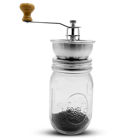 Mason Jar Coffee Grinder Lid With Manual Crank Burr Grinder, fits regular mouth jars, showing rust-proof ceramic mechanism