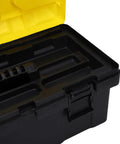 Open Durable Plastic Tool Box with Secure Locking Latch and Sturdy Handle, removable tray visible