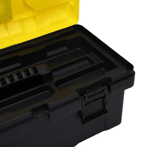 Open Durable Plastic Tool Box with Secure Locking Latch and Sturdy Handle, removable tray visible