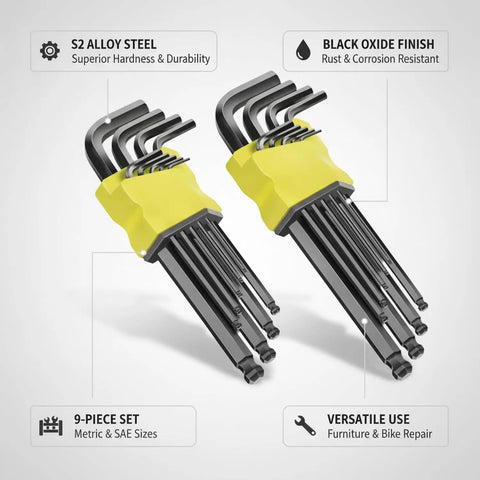 Rock Solid S2 Alloy Steel Hex Key Set With 9 Piece L Shaped Allen Wrenches For Tough Furniture Assembly Bike Repair And Appliance Fixes Without Stripping Screws To Lock Down Your Toolkit., 9-piece S2 alloy steel hex key set with black oxide finish and metric SAE sizes