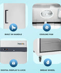 Heavy-Duty Commercial One-Door Reach-In Freezer Featuring Slick Silver Stainless Steel Build And Heavy-Gauge Adjustable Wire Bins, Legit 23-Cubic Feet Zero Frost Capacity with digital display and lock.