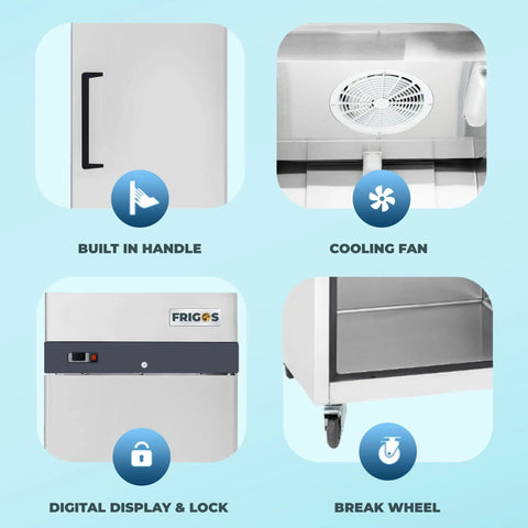 Heavy-Duty Commercial One-Door Reach-In Freezer Featuring Slick Silver Stainless Steel Build And Heavy-Gauge Adjustable Wire Bins, Legit 23-Cubic Feet Zero Frost Capacity with digital display and lock.