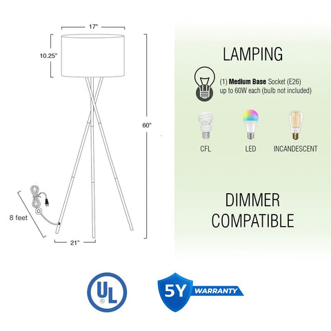 60 Inch Tripod Floor Lamp In Brushed Nickel With Gray Linen Drum Shade diagram showing dimensions and lighting options.