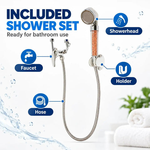 Included Shower Set with Faucet, Showerhead, Holder, and Hose for easy bathroom use. This Electric Water Heater Wall Mount Tank Is A Total Beast With 1500W Fast Heat Element And Bombproof Stainless Steel Plus Thick Enamel Liner Gets You Hot Water In A Jiffy For The Home Vibe At 110V.