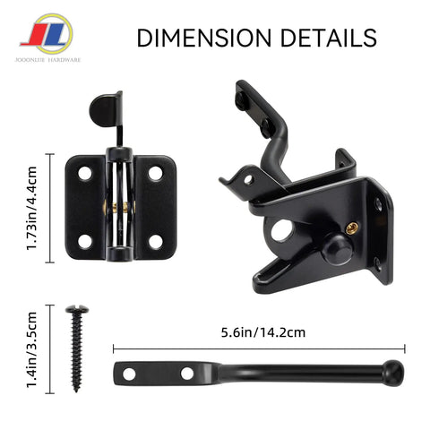 Lock It Tight Gravity Gate Latch Self Securing Black Fence Hardware For Garden Gates Pet Barriers shown in detailed dimensions.