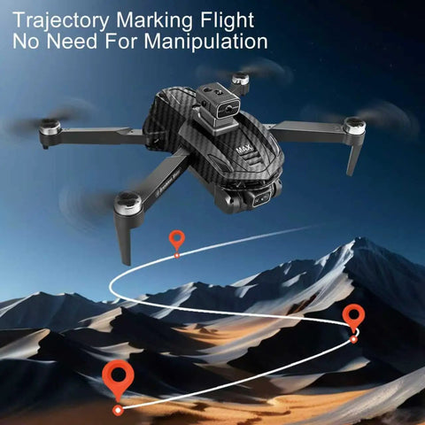 GPS Drone With Pro Grade 4K Dual Cameras flying over mountains, trajectory path marked, showcasing autonomous flight features.