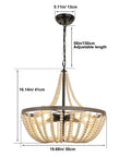 Boho Wood Bead Chandelier With Five Lights And 20 Inch Diameter, Rustic Farmhouse Ceiling Pendant, dimensions labeled with size.