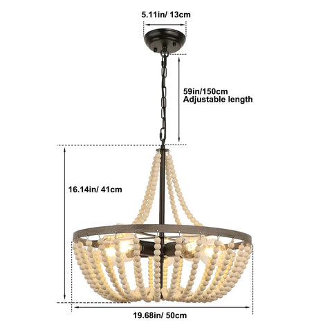 Boho Wood Bead Chandelier With Five Lights And 20 Inch Diameter, Rustic Farmhouse Ceiling Pendant, dimensions labeled with size.