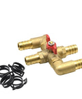 Heavy Duty Brass Cross Ball Valve With 23mm Hose Barb Four Way Plumbing Fitting, red handle and clamps included.