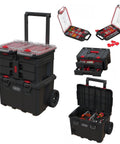 Four Piece Rolling Tool Storage System With Large Rolling Toolbox And Two Drawer Toolbox And Two Tray Organizers Interlocking Modular Stackable Tool Storage On Wheels For Garage And Shop