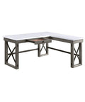 Top Notch L Shape Electric Sit Stand Computer Desk Featuring Snap Adjust Height Controls Capacious Sliding Barn Door Cabinet And Tangled Cord Elimination Setup Made For Cozy Home Offices with a spacious white top and rustic gray frame.