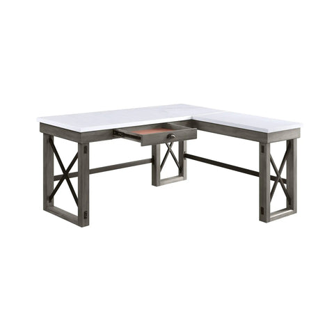 Prime L Shaped Adjustable Standing Desk Solid Setup for Gaming Rooms Bedroom Corners with a stylish white surface and drawer.