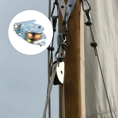 8 Pack Wall Mounted Pulleys Kit For Lifting And Hauling - 1.5 Inch Single Iron Pulley, Galvanized Steel, Directional Design, Fits Three Eighths Inch Wire Rope, Zinc Plated, Heavy Duty, Easy Install, Durable mounted on a mast
