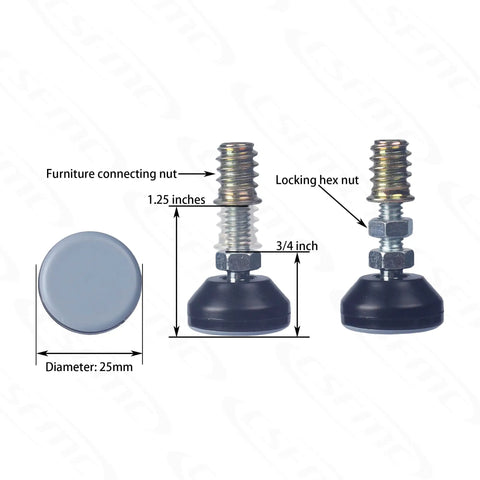 Premium Adjustable Furniture Levelers With Super Slick PTFE Swivel Feet For Tables And Couches No Sweat Rattle Fix Quarter Inch 20 Thread Shank Nuts Included Solid Four Pack with adjustable height features.