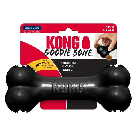 Extreme Goodie Bone Built Tough For Power Chewers Durable Natural Rubber Black For Large Dogs Great For Chew Sessions And Mental Stimulation That Lasts Longer Than Ordinary Toys. black bone toy with retail packaging