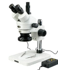 Trinocular Zoom Stereo Microscope 3.5X To 90X With Long Working Distance, 144 LED Four Zone Lighting System, Pillar Stand, 10X Super Widefield Eyepieces, Adjustable Interpupillary, Perfect For Circuit Boards And Dental Appliances. shown with pillar stand and LED lighting