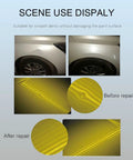 Before and after car dent repair using Powerful Paintless Dent Removal Kit With LED Line Board Digital Display Adjustable Power And Time Easy Operation Includes Repair Hammer For Minor Car Dents In A Pro Shop.