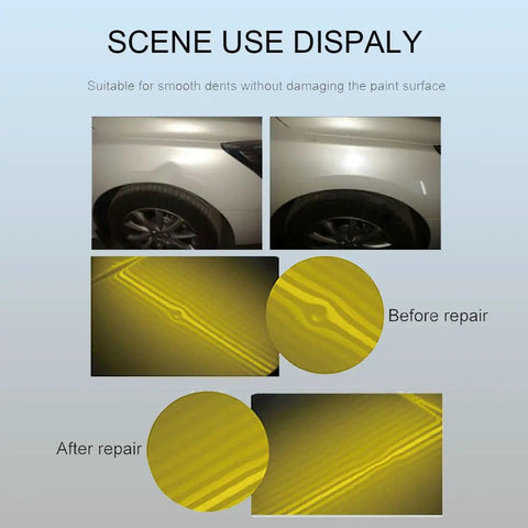 Before and after car dent repair using Powerful Paintless Dent Removal Kit With LED Line Board Digital Display Adjustable Power And Time Easy Operation Includes Repair Hammer For Minor Car Dents In A Pro Shop.
