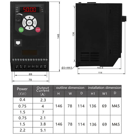Power Packed Three Phase 380V Variable Frequency Drive Inverter For Motors 0.4kW To 2.2kW 380V Output Motor Speed Controller AC Drive VFD Industrial Grade Speed Control Plug And Play, front view with dimensions