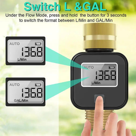 Solid Brass Flow Meter With Real Time Flow Rate Last Time Water Volume Gallons And Liters Average Daily Flow And Total Flow Built Tough For RV Tanks Garden Hoses Lawn Sprinklers And Nozzle Sprayers displaying L/Min and GAL/Min