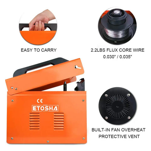 Flux Core MIG Welder 160A Portable Gasless Wire Feed Machine For 110V Home DIY Projects with features and components shown