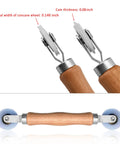Three Piece Screen Tool Kit With Spline Roller Featuring Wooden Handle And Nylon Bearing Wheels, close-up of dual-wheel design