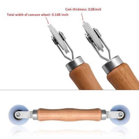 Three Piece Screen Tool Kit With Spline Roller Featuring Wooden Handle And Nylon Bearing Wheels, close-up of dual-wheel design