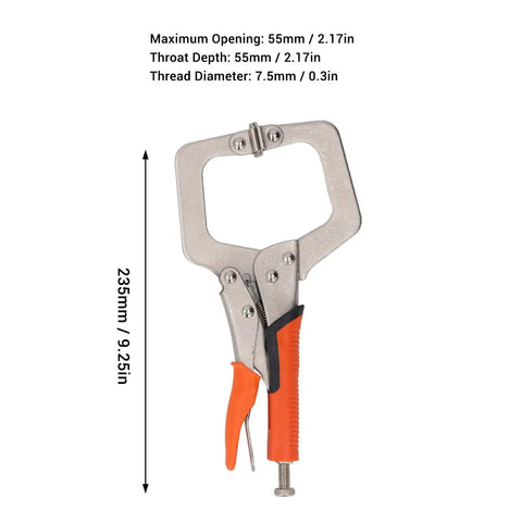 Heavy Duty 9 Inch Locking C Clamp Pliers With Rotating Pads For Welding And Woodworking, measuring 9.25 inches, featuring non-slip grips.