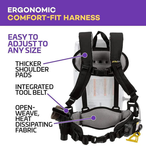 Heavy Duty Commercial Backpack Vacuum With Slick HEPA Media Filtration And Killer Restaurant Tool Kit's ergonomic harness with adjustable straps.